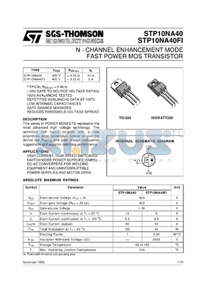 STP10NA40 datasheet - N-CHANNEL ENHANCEMENT MODE FAST POWER MOS TRANSISTORS