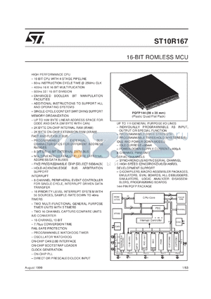 ST10R167 datasheet - 16-BIT MCU - 4KB RAM - ROMLESS - 111 I/O - 1 CAN 2.0B INTERFACE