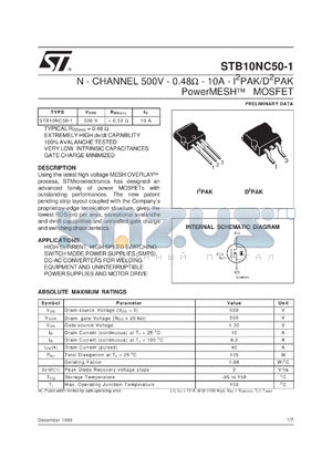 STB10NC50 datasheet - N-CHANNEL 500V - 0.48 OHM - 10A - I2PAK/D2PAK POWERMESH MOSFET