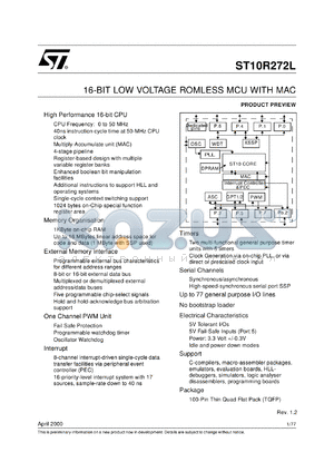 ST10R272LAT1 datasheet - 16-BIT LOW VOLTAGE ROMLESS MCU WITH MAC