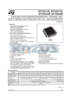 ST72T532R4 datasheet - 8-BIT MCU WITH NESTED INTERRUPTS, EEPROM, ADC, 16-BIT TIMERS, 8-BIT PWM ART, SPI, SCI, CAN INTERFACES