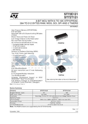 ST72121 datasheet - 8-BIT MICROCONTROLLER (MCU) WITH 8 TO 16 K ROM/OTP/EPROM, 384 TO 512 BYTES RAM, WDG, SCI, SPI & 2 TIMERS - SDIP42, TQFP44