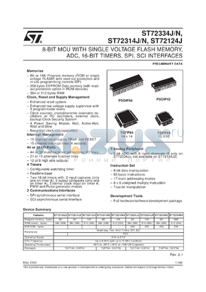 ST72124J2 datasheet - 8-BIT MCU WITH SINGLE VOLTAGE FLASH MEMORY, ADC, 16-BIT TIMERS, SPI, SCI INTERFACES