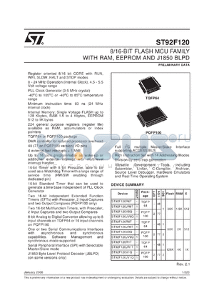 ST92F120R1 datasheet - 8/16-BIT FLASH MCU FAMILY WITH RAM, EEPROM AND J1850 BLPD