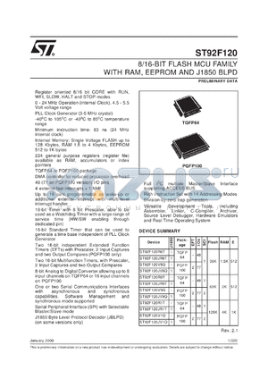 ST92F120V1 datasheet - 8/16-BIT FLASH MCU FAMILY WITH RAM, EEPROM AND J1850 BLPD