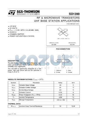 SD1390 datasheet - UHF BASE STATION APPLICATIONS RF & MICROWAVE TRANSISTORS