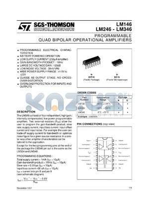 LM346D datasheet - PROGRAMMABLE QUAD BIPOLAR OPERATIONAL AMPLIFIERS