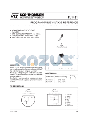 TL1431IN datasheet - PROGRAMMABLE VOLTAGE REFERENCE
