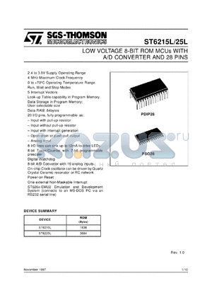 ST6215L datasheet - LOW VOLTAGE 8-BIT ROM MICROCONTROLLER (MCU) WITH A/D CONVERTER AND 28 PINS