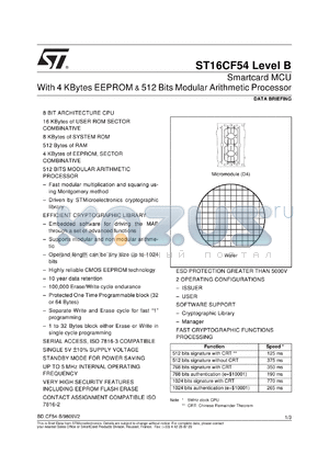 ST16CF54_LEVEL_B datasheet - SMARTCARD MCU WITH 4 KBYTES EEPROM & 512 BITS MODULAR ARITHMETIC PROCESSOR