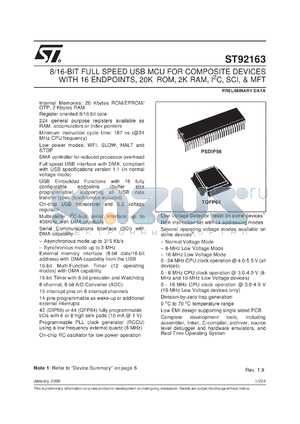 ST92163N4 datasheet - 8/16-BIT FULL SPEED USB MCU FOR COMPOSITE DEVICES WITH 16 ENDPOINTS, 20K ROM, 2K RAM, I 2 C, SCI, & MFT