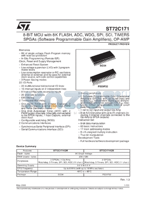 ST72C171K2 datasheet - 8-BIT MCU WITH 8K FLASH, ADC, WDG, SPI, SCI, TIMERS SPGAS (SOFTWARE PROGRAMMABLE GAIN AMPLIFIERS), OP-AMP