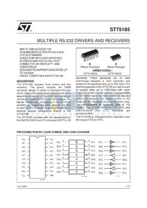 ST75185CN datasheet - MULTIPLE RS-232 DRIVERS AND RECEIVERS