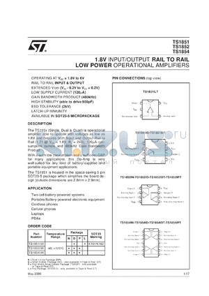 TS1851IL datasheet - 1.8V, INPUT/OUTPUT RAIL TO RAIL LOW POWER OP-AMPS