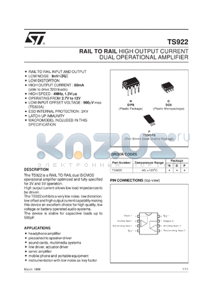 TS922ID datasheet - RAIL TO RAIL HIGH OUTPUT CURRENT DUAL OP-AMPS