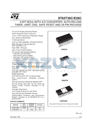 ST62P28CB1 datasheet - 8-BIT MICROCONTROLLER ( MCU ) WITH OTP, ROM, FASTR A/D CONVERTER, 8-BIT AUTO-RELOAD TIMER, UART, OSG, SAFE RESET AND 28 PINS