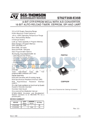 ST62E35BG1 datasheet - 8-BIT MICROCONTROLLER ( MCU ) FAMILY WITH OTP, ROM, FASTROM, EPROM, ADC, 16-BIT AUTO-RELOAD TIMER, EEPROM, SPI, UART AND 52 PINS