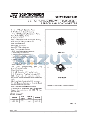 ST62P45BQ1 datasheet - 8-BIT MICROCONTROLLER ( MCU ) WITH OTP, ROM, FASTROM, EPROM, LCD DRIVER, EEPROM, A/D CONVERTER AND 52 PINS