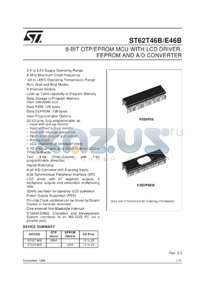 ST62T46BB6 datasheet - 8-BIT MICROCONTROLLER ( MCU ) WITH OTP, ROM, FASTROM, EPROM, LCD DRIVER, EEPROM, A/D CONVERTER AND 56 PINS