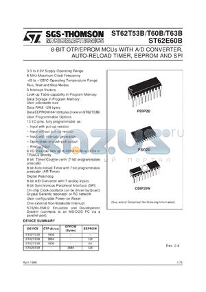 ST62P53BB1 datasheet - 8-BIT MICROCONTROLLER ( MCU ) WITH OTP, ROM, FASTROM, EPROM, A/D CONVERTER, AUTO-RELOAD TIMER, EEPROM, SPI AND 20 PINS