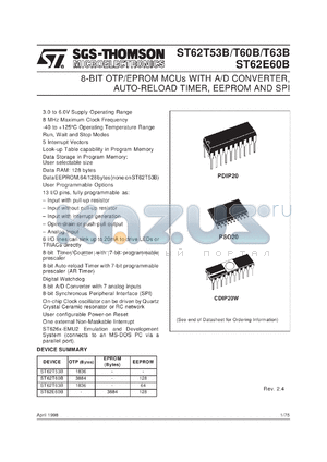 ST62P53BM3 datasheet - 8-BIT MICROCONTROLLER ( MCU ) WITH OTP, ROM, FASTROM, EPROM, A/D CONVERTER, AUTO-RELOAD TIMER, EEPROM, SPI AND 20 PINS