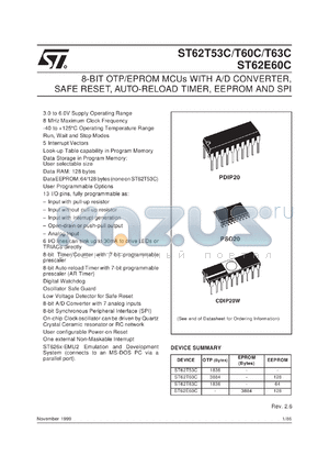 ST62P63CM1 datasheet - 8-BIT MICROCONTROLLER ( MCU ) WITH OTP, ROM, FASTROM, EPROM, A/D CONVERTER, SAFE RESET, AUTO-RELOAD TIMER, EEPROM AND SPI