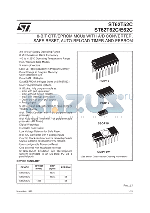 ST62P52CB3 datasheet - 8-BIT MICROCONTROLLER ( MCU ) WITH OTP, ROM, FASTROM, EPROM, A/D CONVERTER, SAFE RESET, AUTO-RELOAD TIMER AND EEPROM