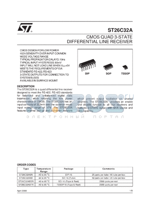 ST26C32ABD datasheet - CMOS QUAD 3-STATE DIFFERENTIAL LINE RECEIVER