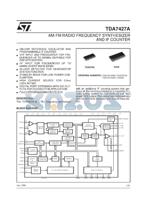 TDA7427AD datasheet - AM-FM RADIO FREQUENCY SINTHESIZER AND IF COUNTER