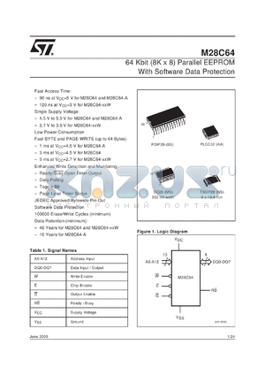 M28C64-W datasheet - 64K (8K X 8) PARALLEL EEPROM WITH SOFTWARE DATA PROTECTION
