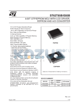 ST62E85BG1 datasheet - 8-BIT MICROCONTROLLER (MCU) WITH 8K OTP, ROM, EPROM, WITH LCD DRIVER, EEPROM AND A/D CONVERTER, 80 PINS