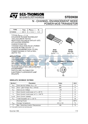 STD3N30-1 datasheet - N-CHANNEL ENHANCEMENT MODE POWER MOS TRANSISTORS