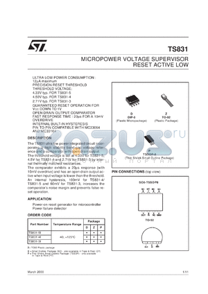 TS831-5 datasheet - MICROPOWER VOLTAGE SUPERVISOR RESET ACTIVE LOW