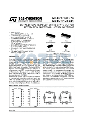 M74HCT534 datasheet - OCTAL D-TYPE FLIP FLOP WITH 3 STATE OUTPUT HCT374 NON INVERTING , HCT534 INVERTING