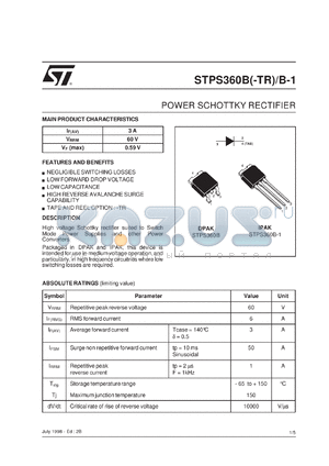 STPS360B-TR datasheet - POWER SCHOTTKY RECTIFIER