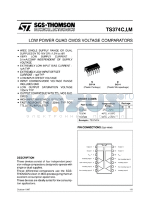 TS374ID datasheet - LOW POWER QUAD CMOS VOLTAGE COMPARATOR