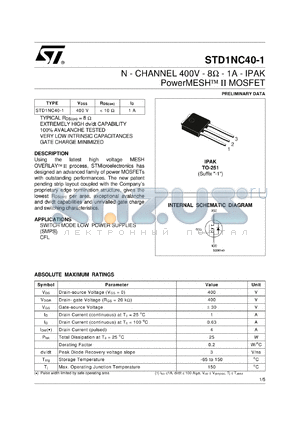 STD1NC40 datasheet - N-CHANNEL 400V - 8 OHM - 1A - TO-251 POWERMESH MOSFET