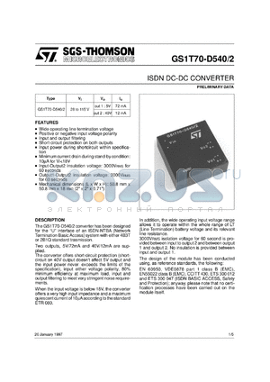 GS1T70-D540/2 datasheet - ISDN DC-DC CONVERTER