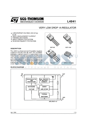 L4941BDT datasheet - 1A-5V LOW DROP REGULATOR