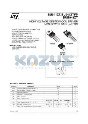 BU941ZT datasheet - HIGH VOLTAGE IGNITION COIL DRIVER NPN POWER TRANSISTOR