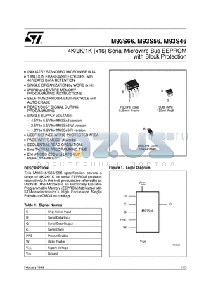 M93S46-W datasheet - 4K/2K/1K (X16) SERIAL MICROWIRE BUS EEPROM WITH BLOCK PROTECTION