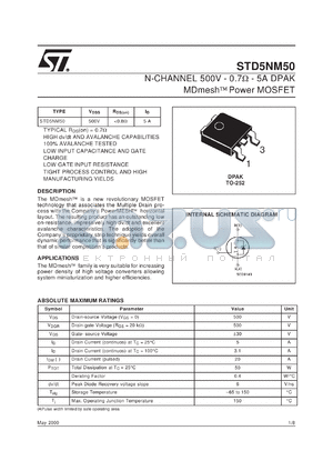 STD5NM50 datasheet - N-CHANNEL 500V 0.7OHM 5A DPAK MDMESH POWER MOSFET