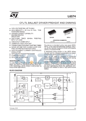 L6574 datasheet - CFL/TL BALLAST DRIVER PREHEAT AND DIMMING