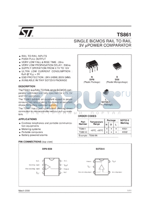 TS861AILT datasheet - SINGLE BICMOS RAIL TO RAIL 3V POWER COMPARATOR