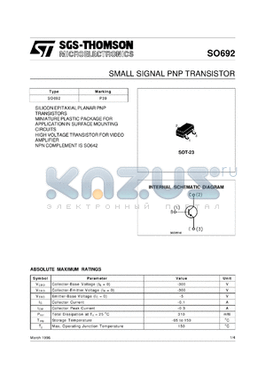 SO692 datasheet - SMALL SIGNAL PNP TRANSISTOR