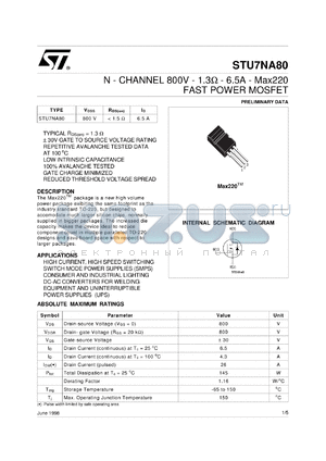 STU7NA80 datasheet - N-CHANNEL 800V - 1.3 OHM - 6.5A - MAX220 FAST POWER MOSFET
