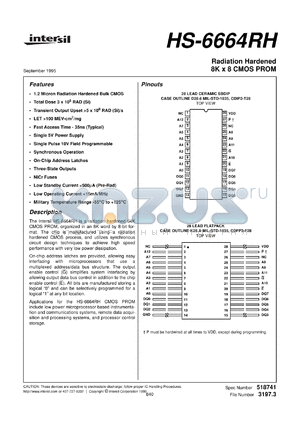 HS-6664RH datasheet - Radiation Hardened 8K x 8 CMOS PROM