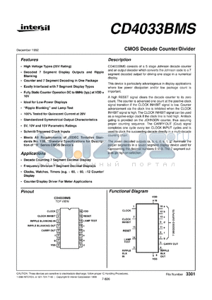 CD4033BMS datasheet - Radiation Hardened CMOS Decade Counter/Divider