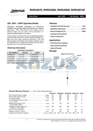 RHRU5090RHRU50100 datasheet - 50A, 700V - 1000V Hyperfast Diodes