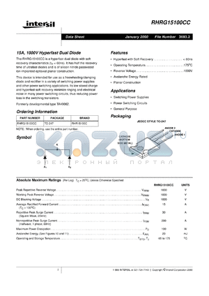 RHRG15100CC datasheet - 15A, 1000V Hyperfast Dual Diode